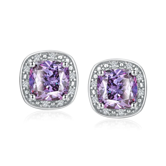 DAYBYDAY Purple Earrings for Women 925 Sterling Silver Alexandrite Earrings June Birthstone Earrings Cushion Cut Crystal Halo Earrings