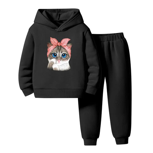 Nivne Tco Girls Sweatsuits- Cat Pattern Printed Girls Pullover Hoodie & Sweatpants - Outfit for Toddler Girls Size 3T